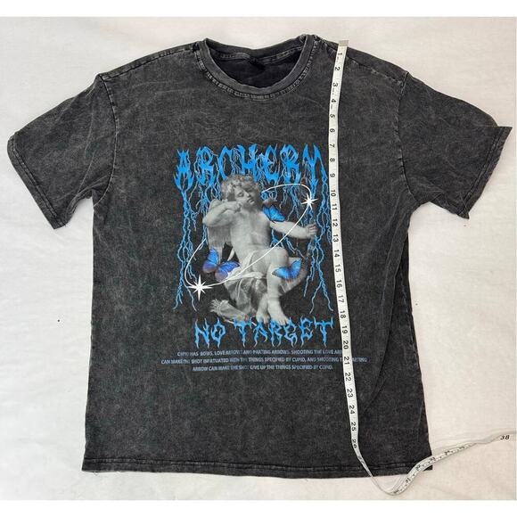 Washed Black Angel Cupid Graphic Tee Lightning Y2K Grunge Streetwear Medium - Picture 4 of 7